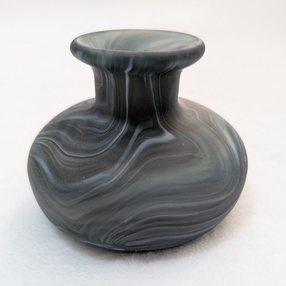 Small Marbled Art Glass Bud Vase Blue/Green/Gray/Black Debi Lilly? Hand Blown 3"